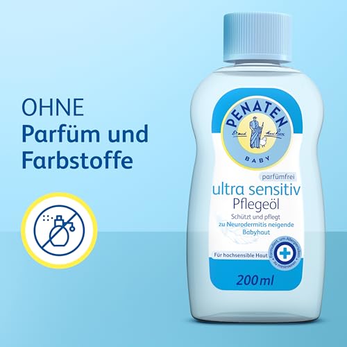 Penaten Ultra Sensitiv Pflegeöl 200 ml, schützendes Baby Massageöl und parfümfreies Babyöl für hochsensible, zu Neurodermitis neigende Babyhaut