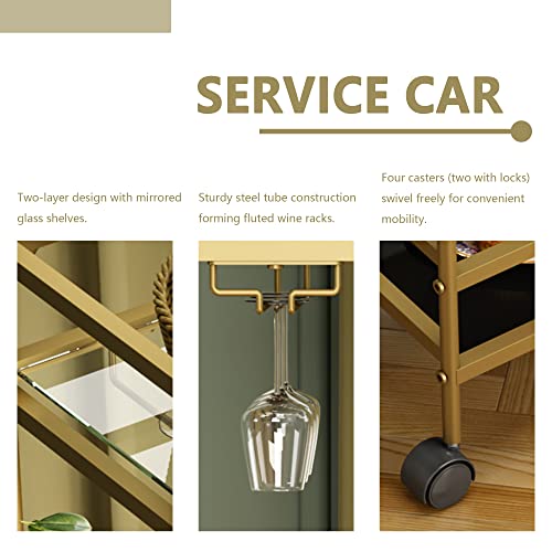 Ryr 2 Tier Bar Cart Silver,Kitchen Serving Cart For Home With Wheels,Wine Cart With 2 Mirrored Shelves,Wine Holders,Glass Holder,Storage Shelves For Kitchen,Living Room,Dining Room #TOP4