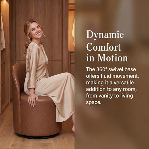 Image of HNY Upholstered Kitchen & Dining Room Barrel Chair, Mid Century Modern Round Leather Dining Chair, 360 Degree Swivel Comfy Armless Accent Makeup Vanity Side Chair for Bedroom Living Room, Brown