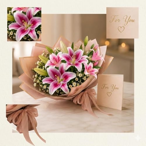 Image of CURATED CART 2 Pcs Lily Artificial Flowers Bunch for Home Decoration - Big Lilys Bouquet for Home Decor - Real Touch Faux Latex Long Stem - Includes 6 Lily Flowers and 10 Half Bloom Buds-Pink Colour