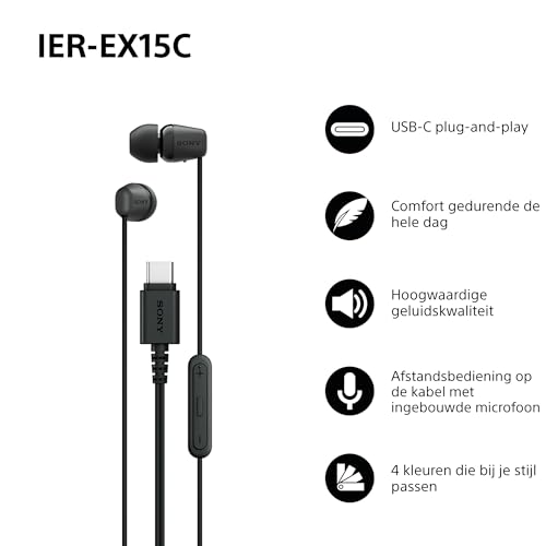 Sony IER‑EX15C - Bedrade USB-C oordopjes met microfoon - Lichtgewicht in-ear hoofdtelefoon - Knoopvrije kabel, helder geluid, Perfect voor op reis en dagelijks gebruik - Zwart - Afbeelding 3