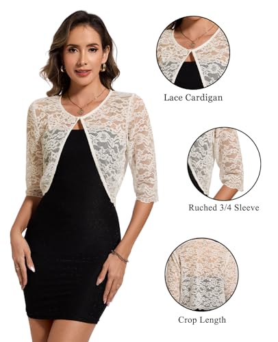 Image of MINTLIMIT Women's Elegant Floral Lace Shrug Bolero Summer Lightweight 3 /4 Sleeve Hook Open Front Cropped Cardigan for Dresses