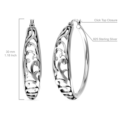 Image of TRUESILVER ACPL 925 Sterling Silver BIS Hallmarked Filigree Hoop Earrings for Women & Girls | Lightweight Designer Oval /Round Hoops | Everyday Wear | Gift for Her