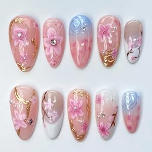 30Pcs Summer Almond Press on Nails ...