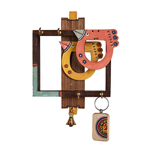 Image of AAKRITI ART CREATIONS Key Holder, Handcrafted Birds Design Key Hanger | Rustic Rose Wood Wall Organizer with 4 Hooks | New Home Gifts | Multifunctional Entryway Decor Item