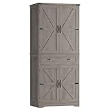 HOSTACK 71' Tall Pantry Cabinet, Farmhouse Kitchen Pantry with Storage Shelves, Barn Doors Food Storage Cabinet, Freestanding Kitchen Hutch with Large Drawer for Dining Room, Living Room, Ash Gray