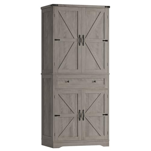 Hostack 71 Inch Tall Farmhouse Kitchen Pantry With Barn Doors In Ash Gray.