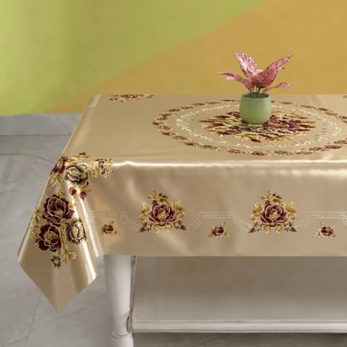 Image of Vintage Royal Floral Gold Center Table Cloth| Waterproof PVC 2-4 Seater Center Table Cover| Dustproof & Anti Slip Decorative Table Cover (Size 36x60, Rectangular, Pack of 1)