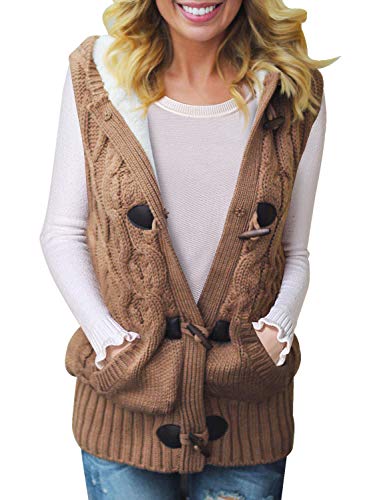Sidefeel Women Hooded Sweater Vest Cable Knit Cardigan Outerwear Coat X-Large Khaki #TOP8