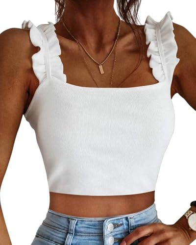 CLOZOZ Cute Crop Tops for Women Tank Tops Ribbed Ruffle Strap Square Neck Womens Trendy Going Out Preppy Tops