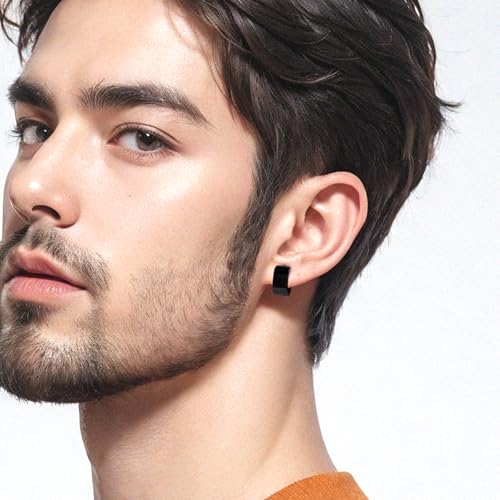 TGNEL Pure Titanium Mens Hoop Earrings for Sensitive Ears, Small Hexagon Titanium Huggie Earrings for Men Women Black/Silver3