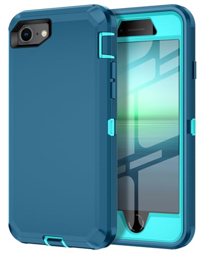 I-HONVA for iPhone SE Case 2022/2020/3rd/2rd,iPhone 8/7 Case Built-in Screen Protector Shockproof Dust/Drop Proof 3 in 1 Full Body Rugged Heavy Duty Cover for Apple iPhone SE 2022/2020,Turquoise