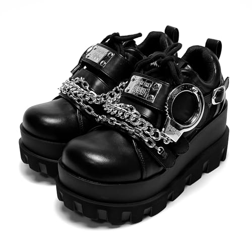 GURURU Women's Goth Boots Punk Black Metallic Goth Platform Chunky Ankle Boots Thick Sole Goth Boots Designer Shoes