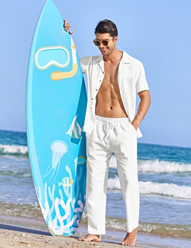 COOFANDY Men 2 Piece Linen Outfit Beach Button Down Shirt Casual Loose Pant Sets - Image 3