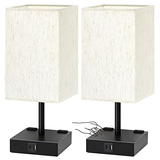 Touch Control Table Lamps Set of 2 - Nightstand Lamp for Bedroom with USB C+A Charging Ports & AC Outlets, 3-Way Dimmable Bedside Lamp Flaxen Fabric Shade for Bedroom Living Room(Bulb Included)