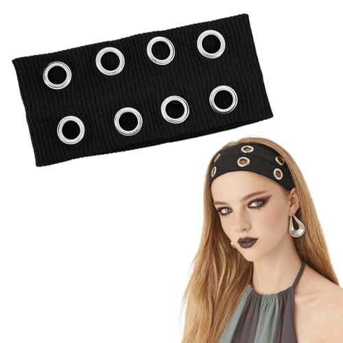 ELNX Elastisches Haarband mit Ösen, Breites Punk-Grunge-Stirnband für Damen, Modisches Y2K Accessoire für Yoga, Laufen, Arbeit und Halloween (Schwarz)