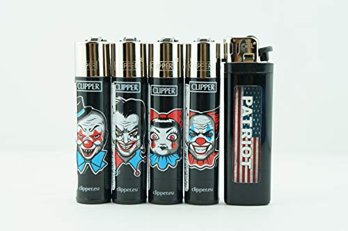 Bundle 5 Items - 4 Refillable Clipper Bad Clowns And 1 Disposable Patriot Lighter