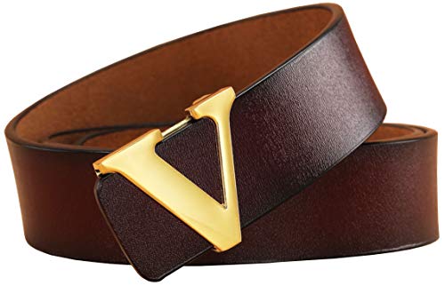 Yuangu Men's Classic Gold/Silver V-Buckle Design Soft Calfskin Belt (Coffee Gold, 105cm/41.3inch(30-36))