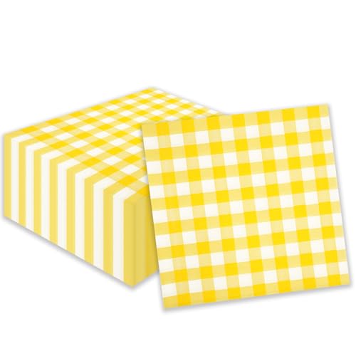 Lot de 40 serviettes en papier vichy à carreaux - 25 x 25 cm - Jaune - Jetables pour cocktails, barbecues, thé après-midi, restaurant, bar, pique-nique,...