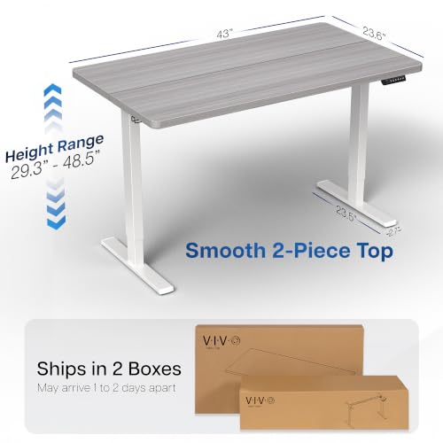 Image of VIVO Dark Gray 43 x 24 in Standing Desk, DESK-KIT-1W4G | Electric, Holds 220 lbs, Sit Stand, Height Adjustable, Solid One-Piece Table Top, Memory Presets, 1B Series, White Frame