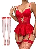 Alrovetoney Sexy Lingerie Lace Garter Lingerie Set with Teddy Babydoll Strappy Bra and Panty Set Mini Skirts Stockings Red S