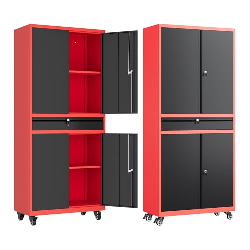 Image of Letaya Metal Garage Storage Cabinet with Wheels,Rolling Tool Cabinet with Adjustable Shelves and Drawer for Garage Home Utility Room (Red)