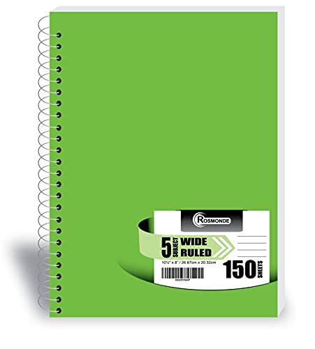 Rosmonde 5 Subject Spiral Notebooks Wide Ruled, 6 Pack, 300 Pages (150 Sheets), 8 X 10-1/2", School & Office Notebook, Sturdy Spiral Bound, Soft Cover, Assorted Fun Colors, 5 Subject Notebook, Journal #TOP1
