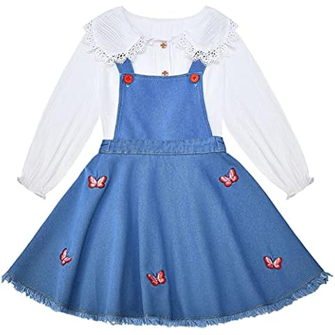 Peacolate Spring Autumn Summer Little Bige Girls 2pcs Clothing set Long Sleeve White Shirt and Blue Embroider Butterfly Cowboy Suspenders Dress(10-11years) Cover