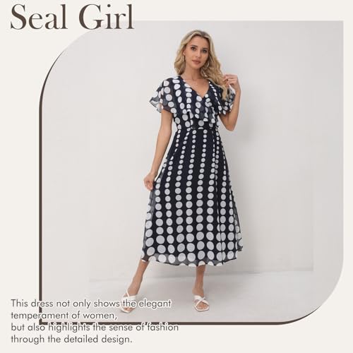 Image of Women's Casual Summer Dot Dress - V-Neck Short Sleeve Boho Dress, Wedding Guest Navy