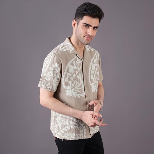 Image of Urban Scottish Men's Shirt Regular Fit Cotton Linen Jacquard, Half Sleeve Button Down Collared,Soft Breathable Fabric, Stylish Everyday Wear Casual Shirt for Men and Boys - Beige