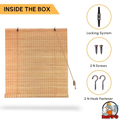 Image of HIPPO Bamboo Curtains - W-3 FT X H-7 FT Rope Mechanism Roll Up Down Indoor Bamboo Shade for Sun & Dust Protection for Home Window, Balcony, Restaurant, Hotel, Resort (Natural Wood)