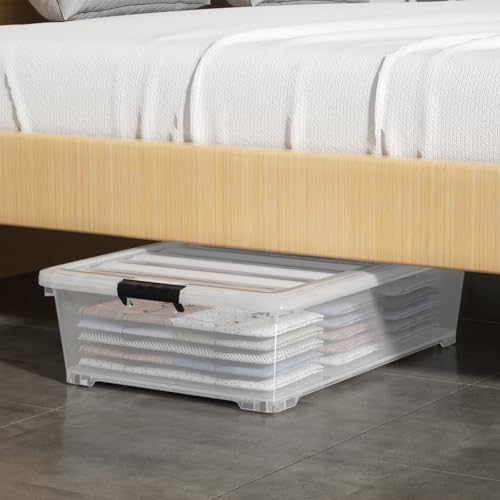 Image of 50 L Large 3 Packs Clear Plastic Under Bed Storage Container with Lid and Wheels, Under the bed Boxes