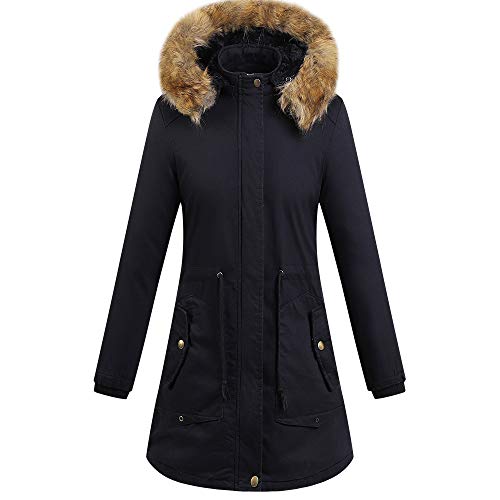 Aotifu Womens Hooded Warm Winter Coats with Faux Fur Lined Outwear Jacket Thicken Fleece Lined Parkas Long Coats Plus Size (001Black,L)