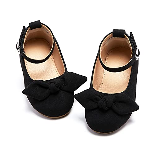 Flaryzone Toddler/Little Girls' Ankle Strap Flat Princess Mary Jane Front Bow Dress Shoes (Black,Toddler-Size 7) #TOP12