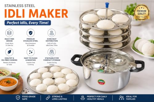 Image of Ankur Gold Stainless Steel Idli Cooker with Glass Lid | 4 Idli Plates (1 Mini Idli Plate + 3 Regular Idli Plates) | Induction Compatible Bottom | Food Grade Stainless Steel Idli Maker | Steamer for Soft Idli (1 Mini + 3 Regular)