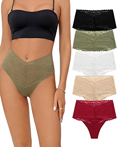 SHARICCA Women Seamless High Waist Underwear Sexy Floral Lace Thong Soft Comfortable Panties Pack...