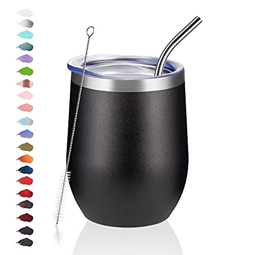 Coktik 12Oz Wine Tumbler With Lid Stemless Insulated Wine Glasses Double Wall Vacuum Stainless Steel Travel Tumbler For Cold & Hot Drinks Wine Coffee Cocktails, Black #TOP3