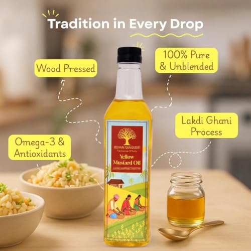 Image of Jeevan Sanskriti 100% Pure Yellow Mustard Oil 1L | Cold-Pressed Lakdi Ghani | Traditional | Natural & Unrefined Cooking | Massage Oil