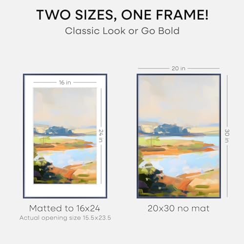 Image of Homeforia 20x30 Frame Navy Blue, High End Metal 20x30 Picture Frames with Mat 16x24 inch Photo, 20 x 30 Navy Blue Poster Frame Matted to 16 by 24, 30x20 Large Frame, Tempered Glass, Wall Kit, Set of 1