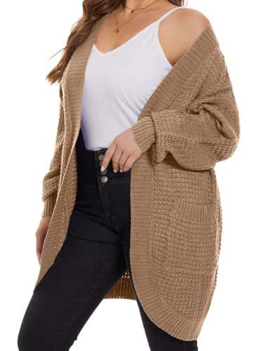MONNURO Womens Plus Size Open Front Cardigan Waffle Knit Long Sleeve Sweaters Tops Fall Coat Outerwear with Pockets(Dark Khaki,3X)3