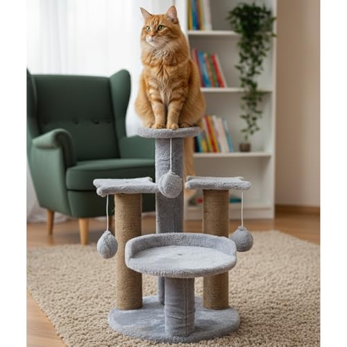 Image of Multi-Level Play Cat Tree, Grey and Natural Sisal, 17 Inch Height with Plush Platforms, Scratching Posts, Hanging Balls, Indoor Activity Tower FURR-18-GR (Grey)