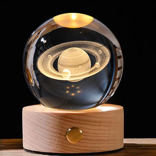 DAWRIS 3D Saturn Kristallkugel mit LED Bunte Nachtlicht Basis, Kristall Ball Nachtlicht Kreative Nachtszene Astronomie LED Ball Lampe Saturn System Nachttischlampe Kristallkugel Licht