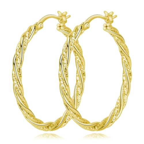Gold Hoop Earrings for Women, 14K Gold Earrings Twisted Detailing Hypoallergenic Lightweight Earring Mother’s Day Gifts 35MM