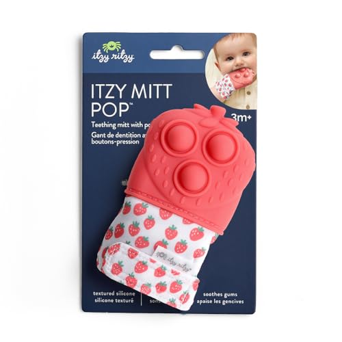 Image of Itzy Ritzy Silicone Teething Mitt - Soothing Infant Teething Mitten with Adjustable Strap, Crinkle Sound & Textured Silicone to Soothe Sore & Swollen Gums - for Ages 3 Months & Up (Strawberry)