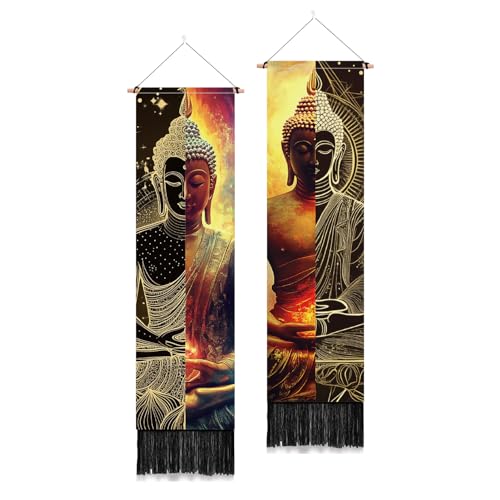 PLIGREAT 2 Pack Tapisserie de Bouddha avec glands, Décor Zen vertical Long Étroit Tapisserie murale Méditation Tenture murale pour salle de yoga Chambre à...