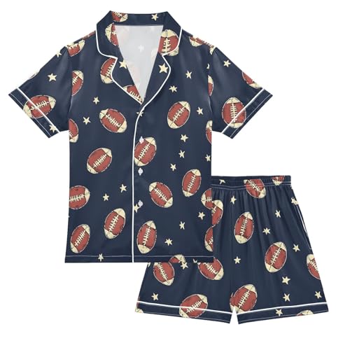 ALAZA Retro Rugby Star Ball Blue Satin Pajamas Set Short Sleeve Button Down Sleepwear Summer Pjs 2 Piece