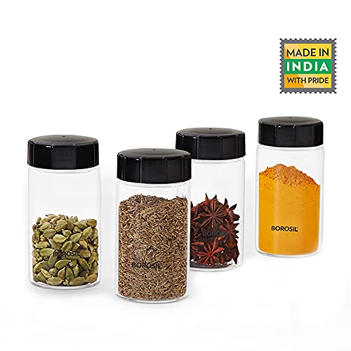 Image of Borosil 250ml 4pc Neo Glass Spice Jar Set with PP Lid | Borosilicate Glass Storage Organiser | Microwave & Dishwasher Safe Kitchen Containers for Spices, Snacks, Grains, Dals | Transparent