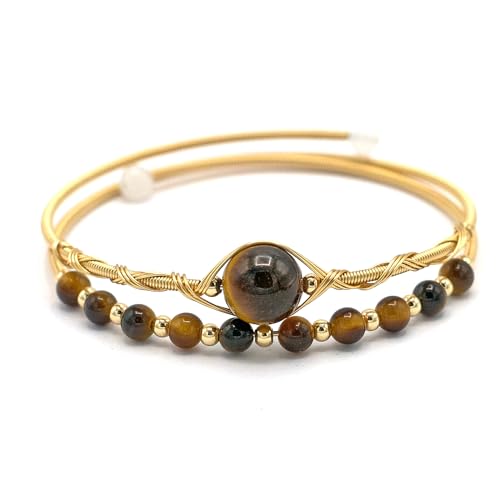 Miracles Minéraux Bracelet Artisanal Plaqué Or, Perles Naturelles, Taille Réglable| énergie spirituel | chakras bienêtre (Aurore | oeil de tigre)