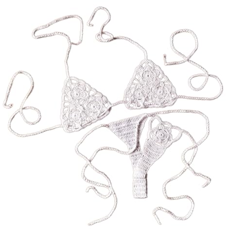Meiliyizu Traje de baño de crochet, bikini de ganchillo para mujer, traje de baño de dos piezas, parte superior de bikini y pantalones cortos ajustables laterales