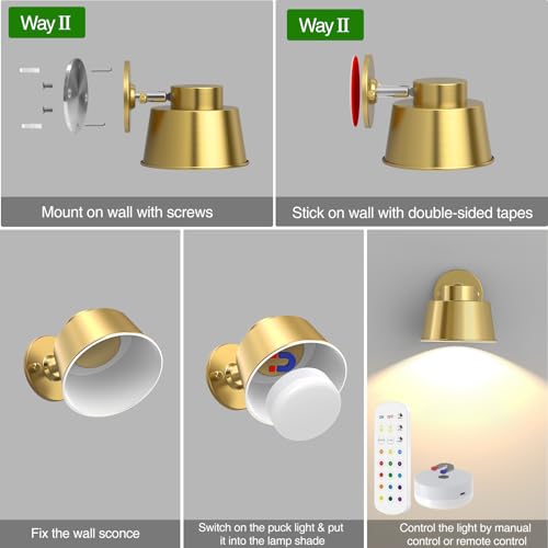 Image of AIBOO Art Display Lights, Picture Lights Rechargeable Gold, Color Changing & Dimmable with Remote LED Rotatable Wall Lights for Pictures, Paintings, Portraits, Artworks (2 Pack)